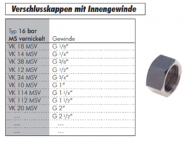 Verschlusskappe mit Innengewinde, PN 16, Messing vernickelt , Stopfen, Kappe, alle Größen